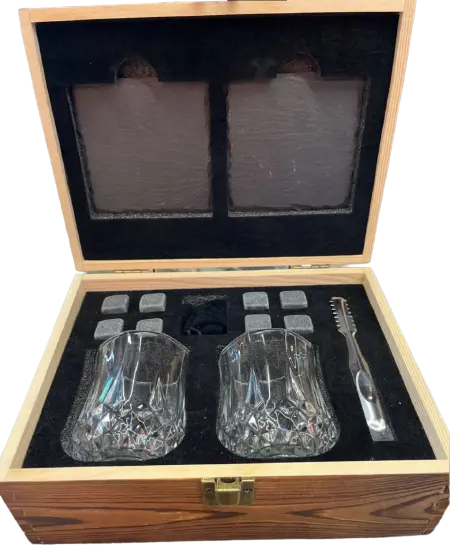 ClassWine Wooden Case with Whiskey glass Ice cubes Tongs