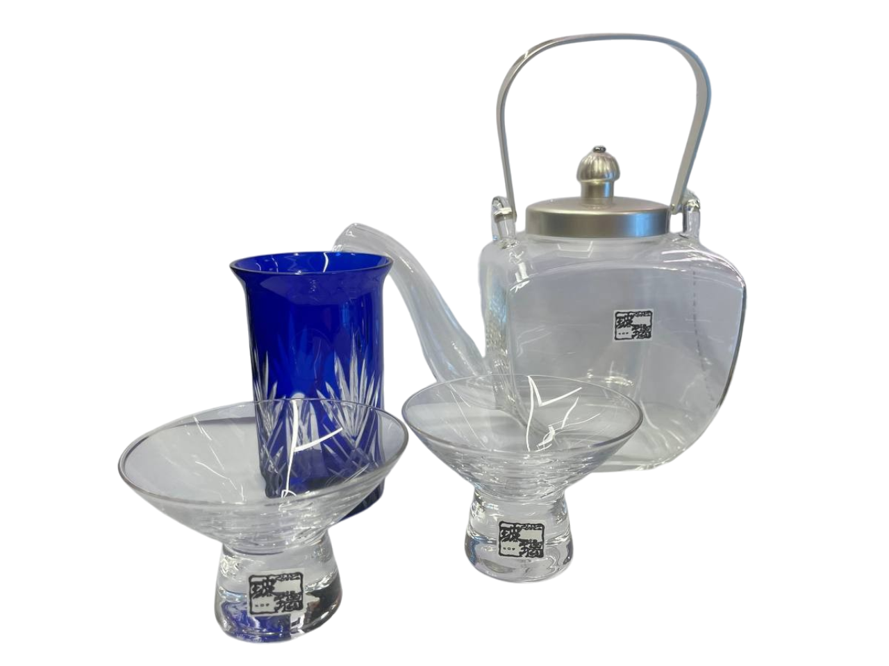 Hirota Blue Glass Pitcher and 2 Cups